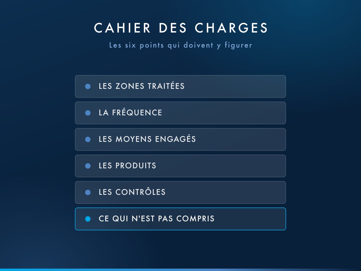Schéma des six sections d'un cahier des charges de nettoyage